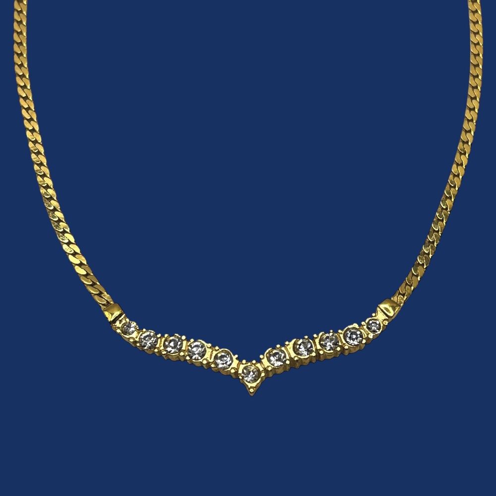 VTG Rhinestone V Shaped Necklace Gold Tone Flat Chain Wishbone Pendant Retro 18"